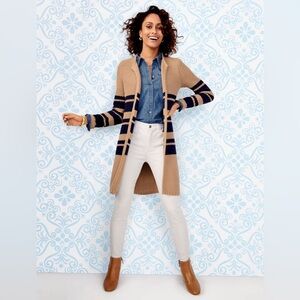 Talbots PIQUE STRIPE CARDIGAN Tan Navy Blue sz Large